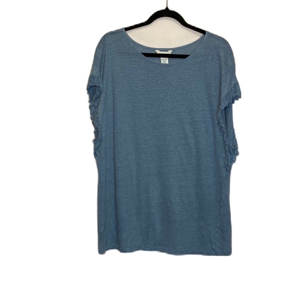 Sundance 100% Linen Tunic Length Slate Blue Ruffle Short Sleeve Blouse L
